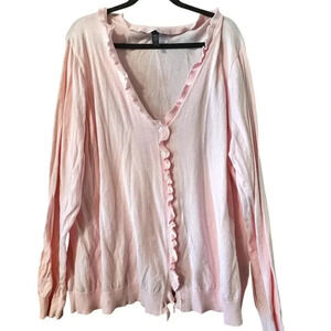 Lauren Ralph Lauren 2X Pink 100% Cotten ruffle trim cardigan preppy classic